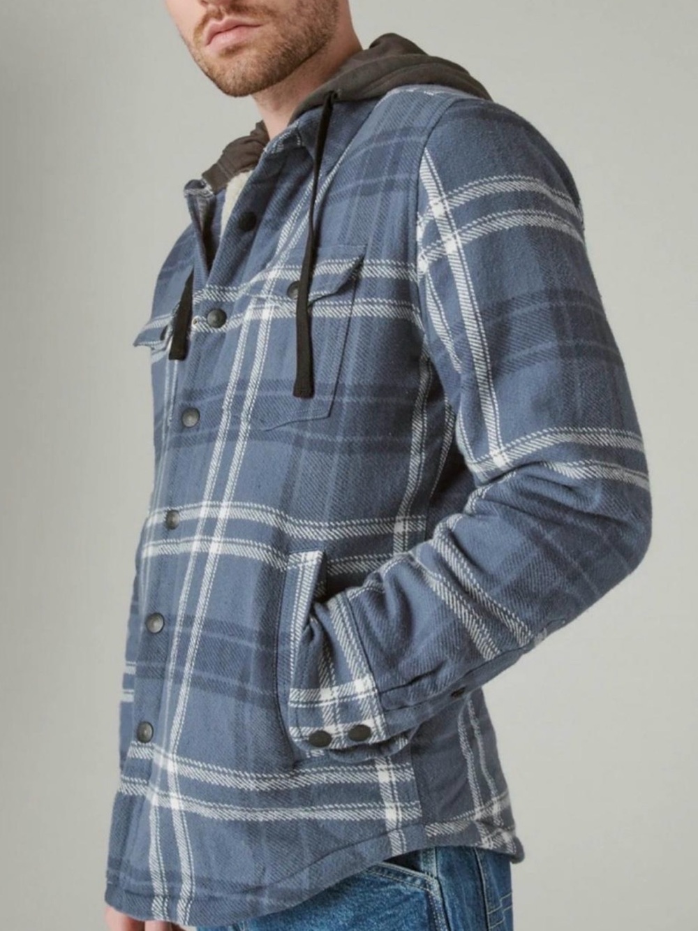 Lucky Brand Men’s XXL Sherpa Lined Plaid Hooded Shirt Jacket Blue
